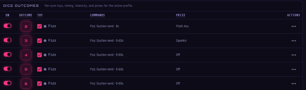 Dice outcomes table with Fizz suction commands per sum