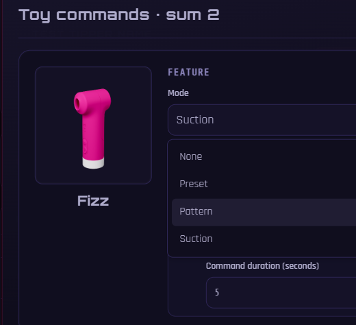 Toy commands Mode dropdown with Pattern option selected