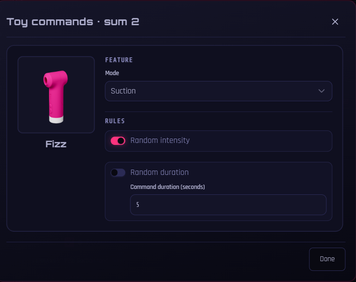 Toy commands dialog for dice sum 2 with Fizz suction mode and random intensity