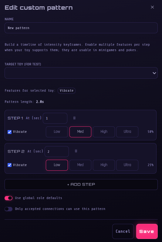 Edit custom pattern dialog with timeline steps, intensity keyframes, and target toy for test