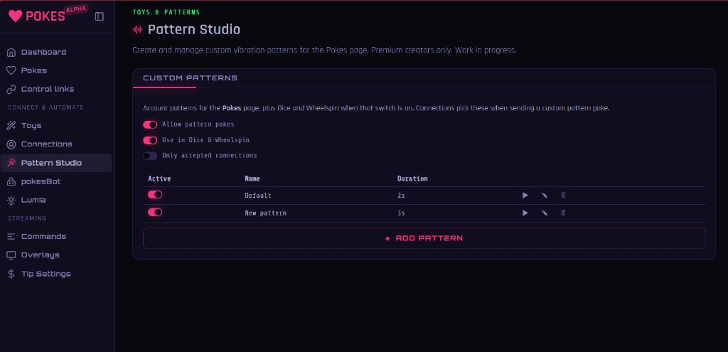 Pattern Studio with Default and New pattern, pattern switches, and sidebar navigation