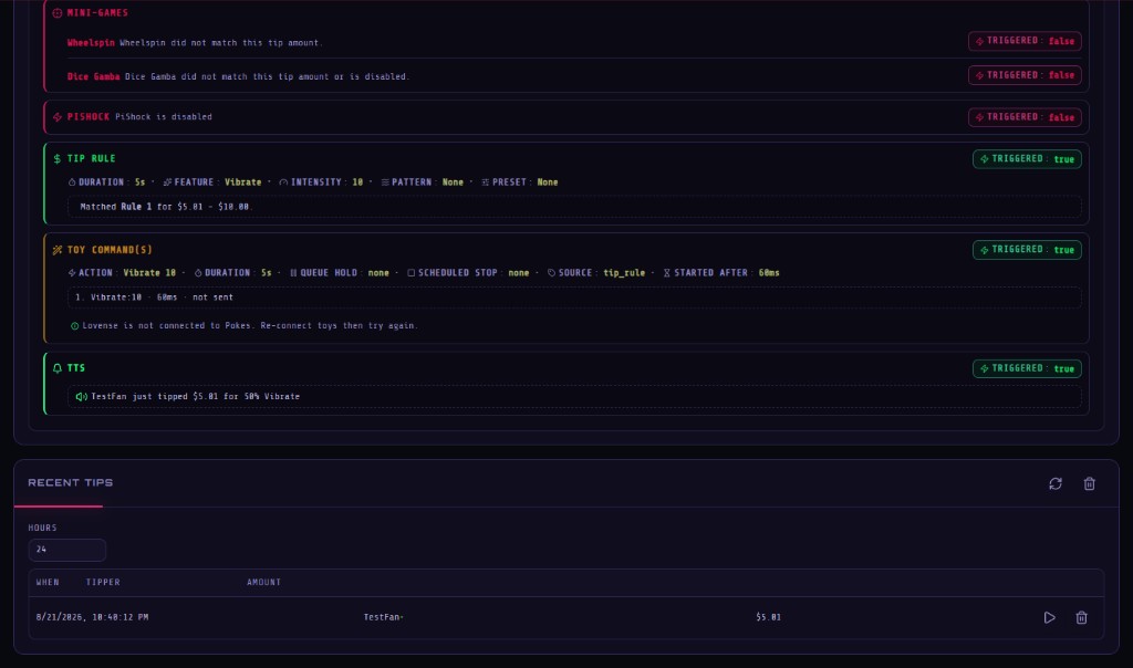 Tip Studio trigger log showing tip rule, toy command, TTS, and Lovense not connected notice