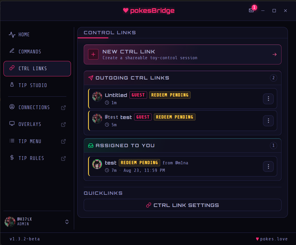 pokesBridge CTRL Links with outgoing links, assigned sessions, and New Ctrl Link button