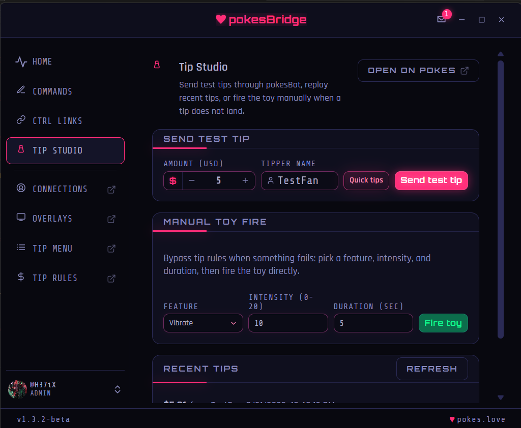 pokesBridge Tip Studio with Send test tip, Manual toy fire, and Recent tips