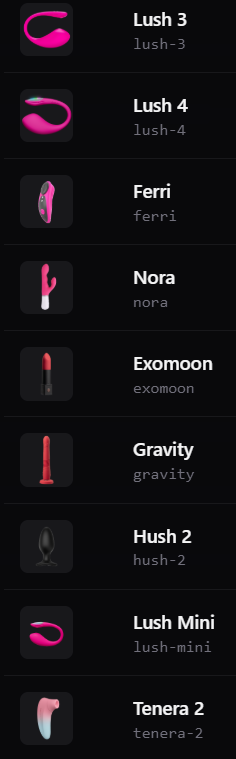 Toys catalog list showing default Lovense product images for Lush, Ferri, Nora, and other models