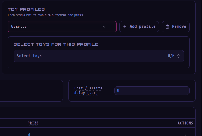 Toy profile settings with Chat and alerts delay field in seconds