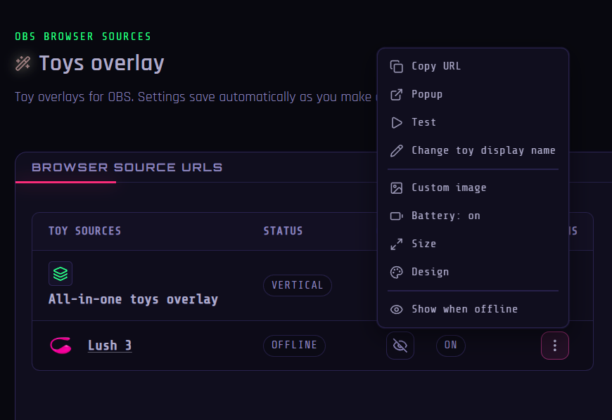 Toys overlay browser source menu with Change toy display name option for Lush 3