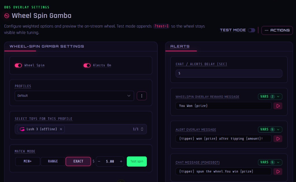 Wheel Spin Gamba overlay settings with Chat and alerts delay set to 5 seconds