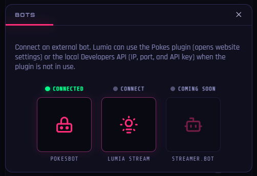 pokesBridge BOTS panel with Pokesbot connected, LumiaStream, and Streamer.bot coming soon