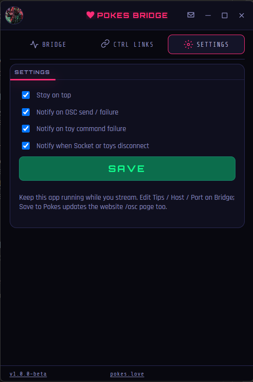 pokesBridge Settings with stay on top and notification options