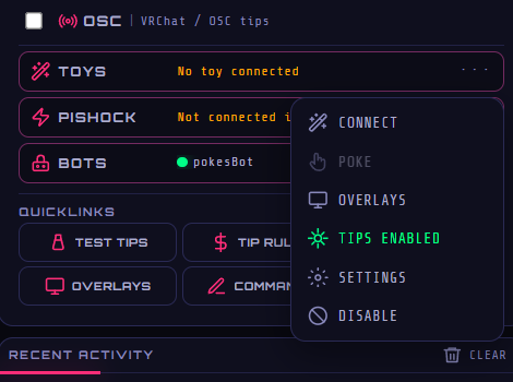 pokesBridge feature menu with Tips Enabled highlighted